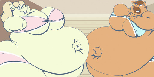 anthro belly big_belly big_breasts blonde_hair blue_eyes bottomwear bra breasts brown_body brown_fur brown_hair clothing dressing duo female fur hair huge_belly huge_breasts huge_thighs morbidly_obese morbidly_obese_anthro morbidly_obese_female navel obese obese_anthro obese_female outie_navel overweight overweight_anthro overweight_female panties pregnant pregnant_anthro pregnant_female struggling_to_fit teeth thick_thighs topwear underwear yellow_body yellow_fur virus-20 lorraine_pearson tina_horse equid equine horse mammal 2021 digital_media_(artwork)