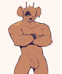 antennae_(anatomy) anthro balls big_muscles brown_body brown_fur buckteeth crossed_arms ear_piercing ear_ring eyewear eyewear_only flaccid foreskin front_view fur genitals hair hair_over_eye humanoid_genitalia humanoid_penis male muscular muscular_anthro muscular_male nude nude_anthro nude_male penis piercing ring_piercing simple_background solo sunglasses sunglasses_only teeth unretracted_foreskin vein veiny_penis white_background jrjresq biker_mice_from_mars throttle_(bmfm) alien mammal mouse murid murine rodent hi_res