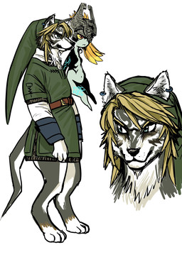 anthro anthrofied armor barefoot belt biped black_body black_nose blonde_eyebrows blonde_hair blue_eyes brown_belt brown_eyes clothed clothed_anthro clothed_male clothing cute_fangs digitigrade duo ear_piercing eyebrows fangs featureless_feet feet female female_humanoid floating fur fused_shadow glistening glistening_eyes green_clothing green_hood green_shirt green_topwear green_tunic grey_body grey_fur hair headgear helmet larger_anthro larger_male male male_anthro markings mouth_closed multicolored_body multicolored_fur navel piercing pupils ring_piercing shirt simple_background size_difference smaller_female smaller_humanoid snout standing tail teeth topwear tunic two_tone_body two_tone_fur white_background white_body white_fur white_sclera yellow_sclera uranaginasi nintendo the_legend_of_zelda twilight_princess link link_(wolf_form) midna canid canine canis humanoid imp mammal twili wolf 2026 digital_drawing_(artwork) digital_media_(artwork) hi_res multiple_images
