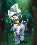 blue_eyes cutie_mark dock_(anatomy) ear_piercing ear_ring eyebrows eyelashes female feral gold_(metal) grass grey_body grey_hair grey_stripes grey_tail hair jewelry mohawk outside piercing plant ring_piercing solo striped_body stripes tail tree walking xbi friendship_is_magic hasbro my_little_pony zecora_(mlp) equid equine mammal zebra absurd_res hi_res