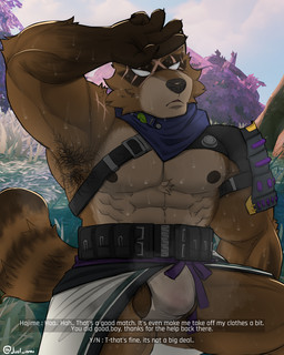 5_fingers abs anthro armpit_fetish armpit_hair asian_clothing balls bodily_fluids body_hair bottomwear brown_body brown_fur clothed clothing dialogue east_asian_clothing fingers fundoshi fur genitals hand_on_forehead japanese_clothing loincloth male muscular muscular_anthro muscular_male musk nipples open_mouth pecs penis scar solo sweat sweatdrop tail text topwear underwear just_arai epic_games fortnite hajime_(fortnite) canid canine mammal raccoon_dog tanuki 2025 4:5 absurd_res digital_media_(artwork) english_text hi_res