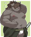 anthro asian_clothing belly big_belly black_body blush clothing east_asian_clothing fundoshi horn humanoid_hands japanese_clothing kemono male moobs navel nipples overweight overweight_male simple_background solo underwear weapon white_clothing white_fundoshi white_underwear ptcmtr lifewonders tokyo_afterschool_summoners catoblepas_(tas) bovid bovine mammal 2021 absurd_res hi_res