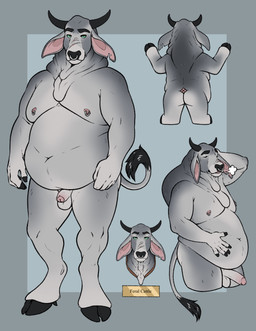anthro balls belly black_body cloven_hooves erection eyes_closed facial_piercing facial_scar flaccid front_view fur genitals green_eyes grey_body grey_fur grey_penis hooves horn larger_but_small male male_anthro moobs nipple_piercing nipple_ring nipples nose_piercing nose_ring notched_ear nude nude_anthro nude_male open_mouth overweight overweight_anthro overweight_male penis piercing pink_penis rear_view ring_piercing scar solo standing tail tongue labradorszn bovid bovine cattle mammal 2025 hi_res model_sheet