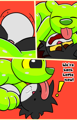 abdominal_bulge belly bodily_fluids cum cum_inside dialogue excessive_cum excessive_genital_fluids fellatio female feral genital_fluids genitals male oral penile penis sex vaginal young conditional_dnp theyiff canid canine canis domestic_dog mammal mephitid skunk comic hi_res letterbox