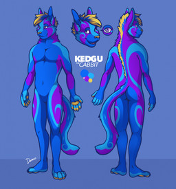 4_toes 5_fingers anthro blonde_hair blonde_highlights blue_background blue_body blue_fur blue_hair blue_inner_ear_fluff cheek_tuft facial_tuft feet fingers fur hair highlights_(coloring) inner_ear_fluff male male_anthro mane mane_hair name_drop neck_tuft pawpads purple_body purple_eyes purple_fur short_hair simple_background solo standing toes tuft yellow_nose yellow_pawpads d3mo kedgu_(xxshirovv) domestic_cat domestic_rabbit felid feline felis hybrid lagomorph leporid mammal oryctolagus rabbit hi_res model_sheet signature