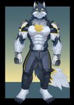 anthro armor clothing fur gloves handwear male nipples solo tail ewenkarma vortiganshine canid canine canis mammal wolf absurd_res alpha_channel hi_res