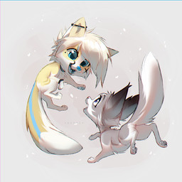 ambiguous_gender black_bracelet black_markings blonde_hair blue_eyes blue_nose blue_pawpads blue_tongue bracelet cheek_tuft chibi collar duo ear_piercing eye_contact eyelashes facial_tuft fangs feral feral_with_hair fur hair jewelry looking_at_another markings mole_under_eye open_mouth open_smile pawpads piercing pink_nose rear_view short_hair simple_background smile tail teeth tongue tuft white_body white_fur white_pawpads yellow_body yellow_fur azzai canid canine fox mammal 1:1 2023 colored digital_drawing_(artwork) digital_media_(artwork) shaded