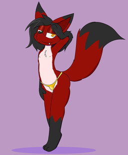anthro bedroom_eyes bikini bulge clothing femboy hand_behind_head heterochromia male narrowed_eyes nipples pose seductive solo swimwear thong two-piece_swimsuit underwear nightfire golden_week cyrus_nightfire canid canine fox mammal pinup