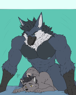 5_fingers abs adult_on_child adult_on_young age_difference anthro beak bed black_body black_fur black_hair butt duo fingers fur furniture green_eyes grey_body grey_fur hair male male/male male_penetrated male_penetrating male_penetrating_male multicolored_body multicolored_fur muscular muscular_anthro muscular_male nipples nude_anthro nude_male pecs penetration sex size_difference yellow_eyes young young_anthro young_male young_penetrated younger_male hunterramirez avian bird canid canine canis mammal wolf hi_res