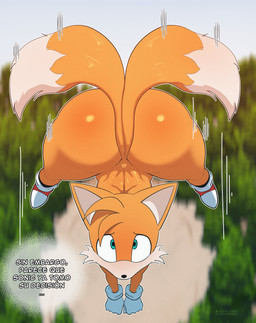 anthro big_butt blush bottom_heavy butt femboy fist flustered flying forest looking_at_viewer male midair motion_lines plant solo text thick_thighs tree wide_hips 9_styless sega sonic_the_hedgehog_(series) miles_prower canid canine fox mammal red_fox true_fox 2026 absurd_res hi_res spanish_text