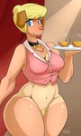 alcohol anthro beverage big_breasts blonde_hair bone_collar_tag bottomless breasts cleavage clothed clothing cocktail collar collar_tag female hair holding_object motion_lines motion_outline name_tag pubes serving serving_alcohol serving_beverage solo wide_hips nightfaux sherlock_hound_(series) mrs._hudson canid canine canis domestic_dog mammal 3:5 hi_res