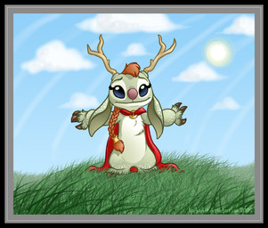 3_fingers antlers blue_eyes border braided_hair brown_claws cape chest_tuft claws clothing cloud ears_down eyebrows female field fingers fur green_body green_fur grey_border hair hooves horn looking_at_viewer markings orange_hair pink_nose pivoted_ears raised_inner_eyebrows single_braid sky smile solo spots spotted_body spotted_fur spread_arms sun text tuft kaykaykit disney lilo_and_stitch fan_character shyft alien experiment_(lilo_and_stitch) 2005 digital_drawing_(artwork) digital_media_(artwork) url watermark