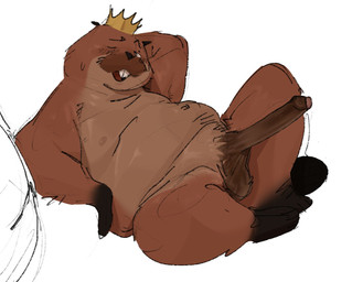 anthro balls belly big_belly big_penis blush brown_body crown erection genitals headgear king long_penis male moobs nipples one_eye_closed overweight overweight_male penis royalty simple_background solo thin_penis white_background wink rscdinner disney hoppers_(disney) pixar king_george_(hoppers) beaver mammal rodent 2026