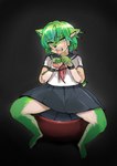 2022 anthro black_background black_bottomwear black_clothing black_skirt bodily_fluids bottomwear bound canid clothing crying female green_eyes green_hair hair hands_tied hi_res human_to_anthro looking_up mammal pawpads school_uniform simple_background sitting skirt solo species_transformation tears toribako transformation uniform