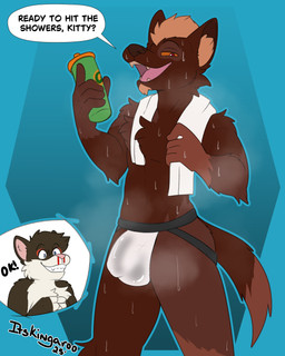 anthro blood bodily_fluids bulge cheek_tuft clothing dialogue excited exercise facial_tuft fluffy fluffy_chest jockstrap male musk nosebleed solo sweat text towel tuft underwear workout kingdraws felid feline hyena mammal 2025 4:5 english_text hi_res