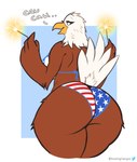 4_fingers american_flag american_flag_bikini anthro beak big_breasts big_butt bikini blue_eyes breasts brown_body butt clothed clothing eyelashes feather_hands feathers female fingers fireworks flag flag_bikini flag_clothing flag_print flag_swimwear half-closed_eyes holding_fireworks holding_object holding_sparkler holidays looking_back narrowed_eyes open_mouth print_bikini print_clothing print_swimwear rear_view simple_background smile solo sparkler swimwear tail tail_feathers text thick_thighs two-piece_swimsuit united_states_of_america white_body white_feathers bustingmangos 4th_of_july accipitrid accipitriform avian bald_eagle bird eagle sea_eagle digital_media_(artwork) english_text hi_res