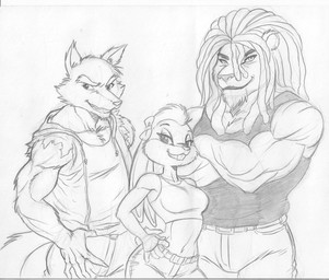anthro athletic athletic_female bow_ribbon bra clothing crossed_arms dreadlocks facial_hair female fur group hand_on_hip larger_male looking_at_viewer male mohawk muscular muscular_anthro muscular_male simple_background size_difference sleeveless_shirt smaller_female smile smiling_at_viewer sports_bra trio underwear chochi alexander_(mash) seizobaru canid canine canis felid hare lagomorph leporid lion mammal pantherine wolf 2016 black_and_white graphite_(artwork) hi_res monochrome traditional_media_(artwork)