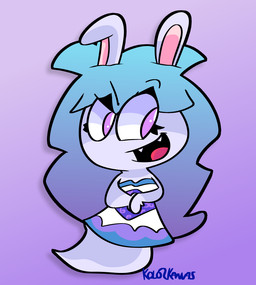 anthro bangs blue_hair clothed clothed_anthro clothed_female clothing dress eyebrow_through_hair eyebrows eyelashes fangs female female_anthro fur grey_body grey_fur hair legless long_ears long_hair mitten_hands multicolored_clothing multicolored_dress multicolored_hair no_pupils noseless open_mouth open_smile pink_inner_ear purple_background purple_clothing purple_dress purple_eyes purple_hair red_tongue simple_background smile solo tan_inner_ear teeth text thin_eyebrows tongue translucent translucent_hair two_tone_hair white_body white_clothing white_dress white_fur kolorkanvas mario_bros mario_plus_rabbids_sparks_of_hope nintendo raving_rabbids rayman_(series) ubisoft midnite_(mario_plus_rabbids) spark_hunter ghost hybrid lagomorph mammal rabbid spirit 2023 artist_name colored crossover digital_drawing_(artwork) digital_media_(artwork) full-length_portrait portrait shaded
