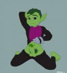 balls barefoot black_eyes clothed clothing feet genitals green_hair hair humanoid_genitalia humanoid_penis male not_furry penis solo kolossal dc_comics teen_titans beast_boy humanoid 2017 full-length_portrait portrait