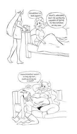 2_horns bed before_and_after belly belly_focus belly_grab belly_overhang belly_rub belly_squish big_belly big_breasts breakfast breakfast_in_bed breasts butt clothed clothing dialogue dot_eyes exposed_breasts feederism feeding female female/female food furniture growth hair hair_growth happy holding_belly holding_tray horn hungry kneeling long_hair lying lying_on_bed navel nipples oblivious on_bed open_mouth open_smile overweight overweight_female pancake panties raised_clothing raised_shirt raised_topwear romantic romantic_couple shirt shirt_up simple_background simple_eyes sitting sitting_on_bed smile speech_bubble squish talking_to_another talking_to_partner text tight_clothing time_skip topwear tray underwear wavy_hair weight_difference weight_gain white_background heavyheavycream oat_(heavyheavycream) strawb_(heavyheavycream) horned_humanoid humanoid mammal digital_media_(artwork) english_text hi_res monochrome