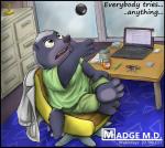 2016 3_toes 404bot 4_fingers anthro badger biped chair clothed clothing coat computer desk detailed_background disney doctor electronics english_text feet female fingers furniture honey_badger inside lab_coat laptop looking_at_object madge_honey_badger mammal mustelid musteline on_chair short_stack sitting solo table text toes topwear zootopia