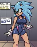 2024 anthro blue_hair breasts broth_nsfw clothed clothed_anthro clothed_female clothing crossgender eulipotyphlan female gloves green_eyes hair handwear hedgehog hi_res mammal medium_breasts mtf_crossgender one-piece_swimsuit sega solo sonic_the_hedgehog sonic_the_hedgehog_(series) swimwear white_clothing white_gloves white_handwear