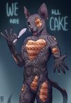 anthro black_claws black_nose blue_eyes blue_tongue cake cake_gore candy_gore claws dessert ear_piercing ear_ring fangs featureless_crotch finger_claws food front_view gauged_ear glistening glistening_eyes gore grey_body holding_knife holding_object knife logo looking_at_viewer male nude open_mouth open_smile painless_gore piercing red_tongue ring_piercing self-harm simple_background smile solo standing teeth tongue whiskers wounded yellow_sclera riorix these_are_all_cakes domestic_cat felid feline felis mammal 2020 artist_logo dated hi_res meme portrait three-quarter_portrait