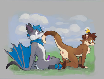 alex_the_otter all_fours anthro anus backsack balls bodily_fluids butt crown duo ear_piercing erection fur genital_fluids genitals hair headgear kerchief male male/male male_anthro membrane_(anatomy) membranous_wings neckerchief neckwear nude outside pawpads paws penis piercing precum presenting raised_tail sitting tail tapering_penis teasing wings conditional_dnp cuteconfy shade_the_bat bat mammal mustelid otter absurd_res hi_res