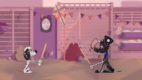 black_body black_ears black_fur black_nose black_spots duo feral floppy_ears fur heterochromatic_ears holding_melee_weapon holding_object holding_sword holding_weapon male melee_weapon pink_inner_ear spots sword swordfighting toony weapon white_body white_fur white_spots sapphireatlas98 101_dalmatian_street 101_dalmatians disney dalton_(sapphireatlas98) dylan_(101_dalmatians) fan_character canid canine canis dalmatian domestic_dog mammal 16:9 hi_res widescreen