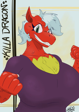 anthro big_breasts breasts claws female fist green_eyes grey_hair hair horn huge_breasts killa_dragon looking_at_viewer mature_anthro mature_female non-mammal_breasts raised_fist raised_hand red_body red_scales scales simple_background smile smiling_at_viewer solo yellow_body yellow_scales dayotedraws mythology killa dragon mythological_creature mythological_scalie scalie absurd_res hi_res