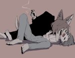 ambiguous_gender anthro bite cigarette duo ear_piercing eyes_closed happy industrial_piercing larger_anthro neck_bite piercing play_bitting simple_background size_difference smaller_human smile smoke smoking avogado6 canid canine canis human mammal wolf absurd_res hi_res