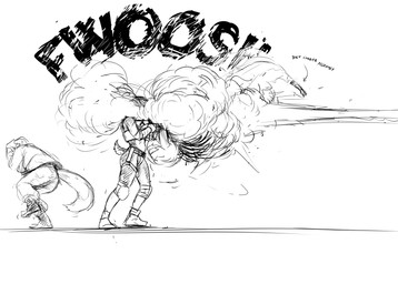 aiming anthro duo explosion female onomatopoeia sound_effects text hladilnik peggy_patterson samantha_thott canid canine canis domestic_dog fox mammal 2025 comic hi_res monochrome sketch