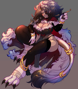 animal_feet animal_tail bandage big_breasts breasts cape claws clothing female horn jewelry legwear piercing solo thick_thighs thigh_highs toe_claws yuwi-cyu humanoid hi_res