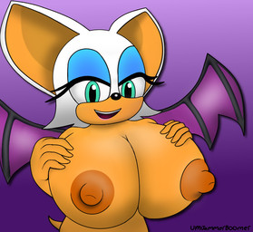 anthro areola big_areola big_breasts big_nipples breasts eyelashes eyeshadow female hair hand_on_breast hand_on_own_breast lipstick makeup nipples nude nude_female smile solo white_hair wings umjammerboomer sega sonic_the_hedgehog_(series) rouge_the_bat bat mammal