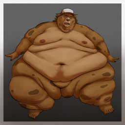 anthro arm_rolls belly belly_rolls brown_body brown_fur brown_hair chubby_cheeks claws clothing double_chin fat_rolls fupa fur hair hat hat_only headgear headgear_only headwear headwear_only leg_rolls love_handles male markings moobs morbidly_obese morbidly_obese_anthro morbidly_obese_male mostly_nude navel nipples obese obese_anthro obese_male open_mouth overweight overweight_anthro overweight_male sitting solo spots spotted_body spotted_fur thick_thighs toe_claws wide_hips ranno_(artist) brandon_(ranno) hyena mammal spotted_hyena hi_res