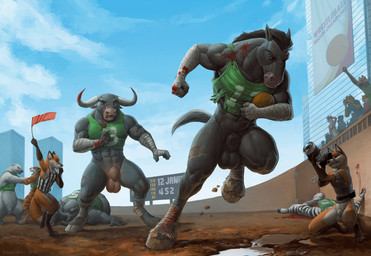 abs action_pose ambiguous_gender animal_genitalia anthro athletic balls bandage banner biceps big_balls black_nose blood bodily_fluids bottomless camera clothed clothing cloven_hooves crowd day death detailed_background digitigrade dirt fangs flag fully_sheathed fur genitals group hair hooves horn kneeling leg_markings male male/ambiguous markings mud muscular open_mouth outside pecs penis perspective pose public scar sheath shirt size_difference slightly_chubby socks_(marking) sport stripes tank_top teeth text tongue topwear torn_clothing unguligrade vein vest whistle_(object) wounded wrestleball zaush the_bottomless_district janus_(zaush) bear bovid bovine canid canine cattle equid equine felid fox horse mammal pantherine polar_bear red_fox rhinoceros tiger true_fox ursine zebra 2015 artist_name dated digital_media_(artwork) digital_painting_(artwork) hi_res lol_comments painting_(artwork) shaded soft_shading