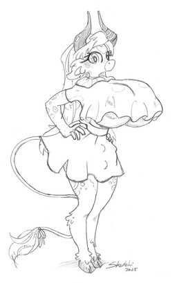 anthro bottomwear breasts clothing female hair hands_on_hips hooves horn leopard_spots long_hair looking_at_viewer mouthless pose skirt solo spots standing teats udders under_boob skutchi reine bovid bovine cattle mammal hi_res