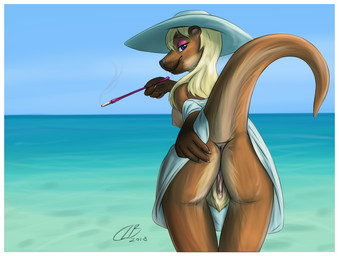 anthro anus beach biped blonde_hair blue_eyes border bottomwear breasts butt cigarette cigarette_holder clothed clothing clothing_lift dress eyeshadow female genitals hair hat headgear headwear long_hair looking_at_viewer looking_back makeup mooning no_underwear outside presenting presenting_hindquarters presenting_vulva pubes sea seaside skirt skirt_lift solo sun_hat tail tail_under_skirt tail_upskirt upskirt vulva water whiskers white_border clb mammal mustelid otter 2018 portrait three-quarter_portrait