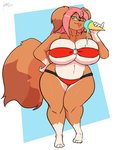 anthro big_breasts bikini breasts brown_body brown_fur clothing curvy_figure dessert eyewear female food fur glasses hair huge_breasts ice_cream multicolored_body multicolored_fur pink_hair solo swimwear thick_thighs tongue tongue_out two-piece_swimsuit two_tone_body two_tone_fur voluptuous white_body white_fur wide_hips jwinkz maty canid canine canis domestic_dog mammal 2018 absurd_res hi_res signature