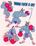2019 abs absurd_res anthro anus blue_nose blush boxing_gloves canid canine canis clothing dialogue domestic_dog english_text fighting_ring footwear grey_body handwear hi_res himbo looking_back lying male mammal mezcal_(artist) multiple_poses muscular muscular_anthro muscular_male muscular_thighs nipples obliques on_back pecs pose profanity rear_view shaking shoes solo star_eyes text thong tongue tongue_out tooth_gap trembling underwear wardrobe_malfunction