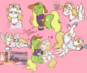 annoyed blonde_hair blush clothing duo fur gold_(metal) gold_tooth green_body green_fur grin hair headgear headwear humor kissing looking_at_viewer looking_back looking_back_at_viewer male male/male pink_background ponification serious simple_background smile white_body white_fur wings syniedraw hasbro jojo's_bizarre_adventure my_little_pony neuron_activation steel_ball_run gyro_zeppeli johnny_joestar equid equine horse human mammal pony 2026 absurd_res hi_res meme reference_image spanish_description
