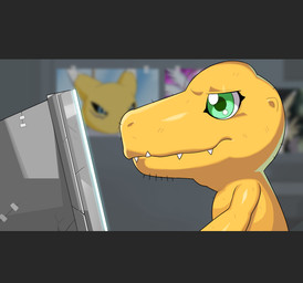 anthro green_eyes green_pupils inside iris pupils scales side_view solo teeth yellow_arms yellow_body yellow_ears yellow_head yellow_scales drunk_oak bandai_namco digimon agumon canid digimon_(species) mammal renamon 2023 letterbox