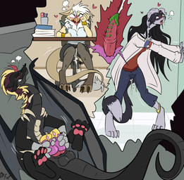 2_penises anthro balls black_body black_hair black_scales blonde_hair blush bodily_fluids breasts breath clock clothed clothing cum cum_in_vagina cum_inside drooling female genital_fluids genitals group hair heart_symbol horn internal male male/female multi_genitalia multi_penis non-euclidean_sex panting penile_spines penis portal portal_sex saliva scales sex tail tail_tuft thinking_with_portals trio tuft watch white_hair fuf mythology avian bird dragon mammal mythological_creature mythological_scalie scalie 2023 absurd_res hi_res
