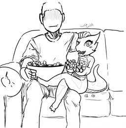 anthro claws duo female flat_chested food furniture male popcorn relaxing sitting sofa text dep anon human kobold mammal scalie 2018 adobe_photoshop_(artwork) black_and_white digital_media_(artwork) hi_res monochrome