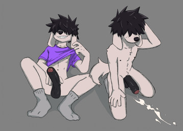 anthro balls big_penis biped black_hair black_penis bottomless bottomless_anthro bottomless_male clothed clothed/nude clothed_anthro clothed_male clothing ejaculation erection floppy_ears footwear foreskin fur genitals grey_background hair hair_over_eyes hands-free humanoid_genitalia humanoid_penis male male_anthro nipples nude nude_anthro nude_male partially_clothed_male penis plantigrade pose raised_clothing raised_shirt raised_topwear shirt simple_background smile socks solo t-shirt teeth three-quarter_view topwear white_body white_fur filgrap canid canine canis domestic_dog mammal cel_shading digital_drawing_(artwork) digital_media_(artwork) full-length_portrait hi_res multiple_images portrait restricted_palette shaded
