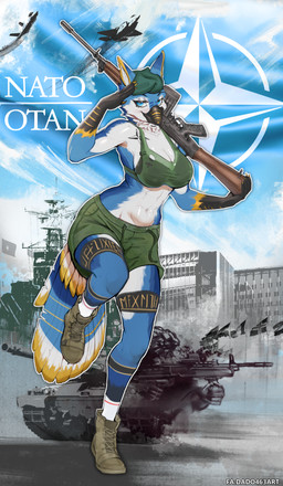 abs aircraft airplane anthro armored_vehicle big_breasts breasts cannon female flag fn_fal gun holding_gun holding_object holding_ranged_weapon holding_weapon machine military modern_architecture navel nipple_outline nipples non-mammal_breasts non-mammal_navel non-mammal_nipples pose propaganda propaganda_poster ranged_weapon runes ship solo tank_(vehicle) text tracked_vehicle turret vehicle watercraft weapon dado463art challenger_2 fabrique_nationale_herstal mythology north_atlantic_treaty_organization avian gryphon mythological_avian mythological_creature absurd_res english_description hi_res old_english_text pinup runic_text translation_request