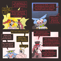 androgynous armor bell bodily_fluids claws clothed clothing cross-popping_vein cursed dialogue disguise doll ear_grab ears_down female fool's_hat glowing group hair handwear hat headgear headgear_only headless headwear heart_symbol helmet helmet_only hiding_behind_another hug hugging_another hugging_from_behind hypnotized_eyes jester knight long_hair makeup male missing_wing money_bag neck_tuft necktie object_in_head pivoted_ears puppet simple_background speech_bubble tears teeth text top_hat tuft warrior wings ponporio mythology buk_(alien_lich_lord) dr._dorian_ivo_pentrix jynx_(alien_lich_lord) animate_inanimate arachnid arthropod bat canid canine canis human living_doll living_puppet mammal mythological_canine mythological_creature spider werecanid werecanine werecreature werewolf wolf 1:1 absurd_res comic english_text hi_res