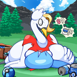 anthro bag beak beverage big_breasts bodily_fluids breasts clothing dive_ball female gender_symbol gender_transformation hand_on_breast huge_breasts implied_transformation long_neck mtf_transformation net_ball pokeball shaking soda sweat symbol torn_clothing transformation tremble_lines tremble_spikes trembling softestpuffss nintendo pokemon avian generation_5_pokemon pokemon_(species) swanna 1:1 hi_res