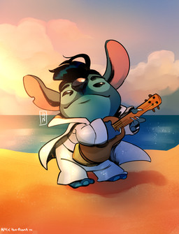 beach black_eyes black_hair blue_body claws dancing detailed_background elvis_impersonator hair holding_musical_instrument holding_object lute male musical_instrument narrowed_eyes notched_ear outside plucked_string_instrument sand sea seaside sky smile solo squint string_instrument sunset ukulele water wig nikkthehuman disney lilo_and_stitch stitch_(lilo_and_stitch) alien experiment_(lilo_and_stitch) 2016 digital_drawing_(artwork) digital_media_(artwork) hi_res signature
