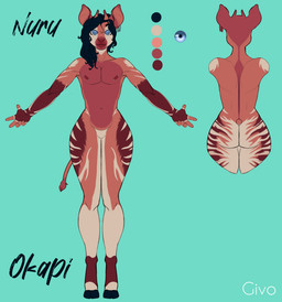 anthro big_butt black_hair blue_eyes butt ear_piercing hair hooves horn looking_at_viewer looking_back male ossicone piercing solo striped_body stripes thick_thighs wide_hips givo nuru_(givo) giraffid mammal okapi absurd_res digital_drawing_(artwork) digital_media_(artwork) hi_res model_sheet
